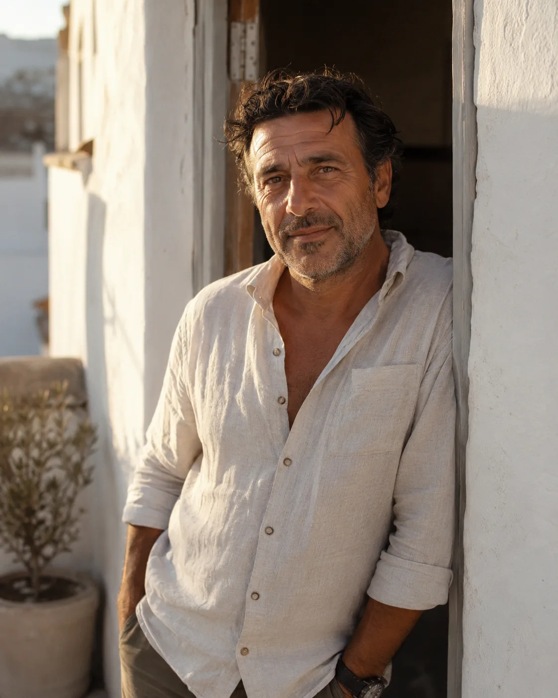 Stavros, founder of Tripwise, in a Parikía doorway